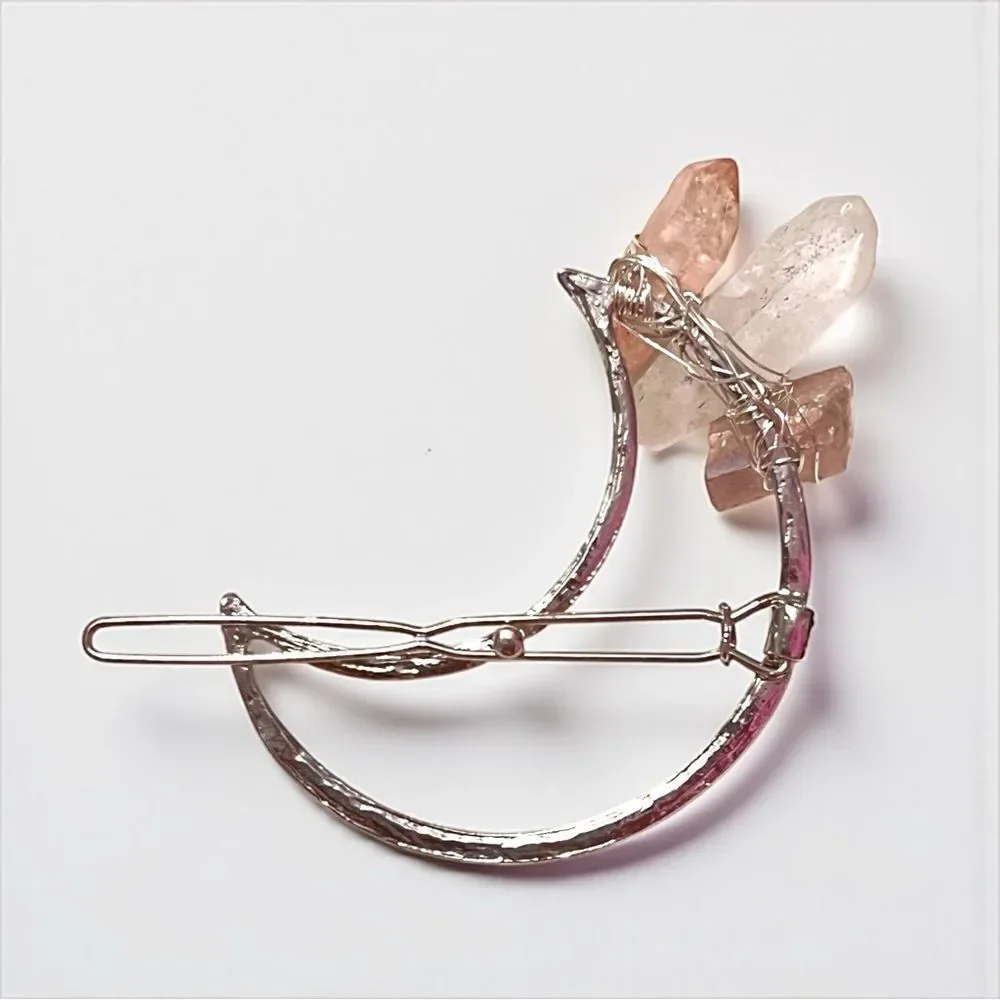 Handmade Rose Quartz And White Quartz Silver Crescent Moon Hair Clip